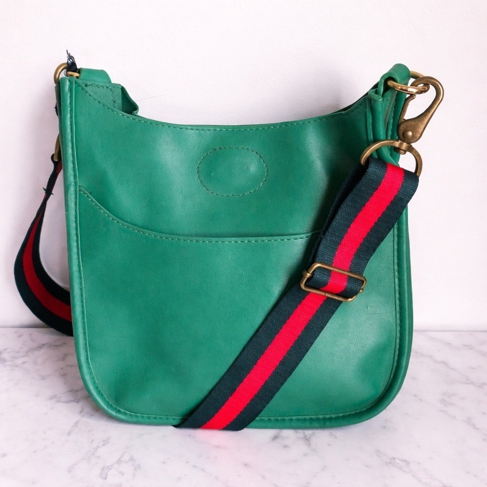 Ahdorned NEW Green Vegan Leather Stripe Crossbody Strap Messanger Bag Preppy